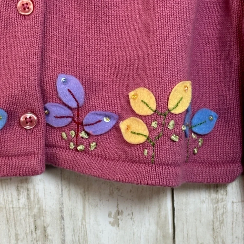 Gap Girls Cardigan Sweater XL Pink Flower Butterfly Appliqués Artsy NEW